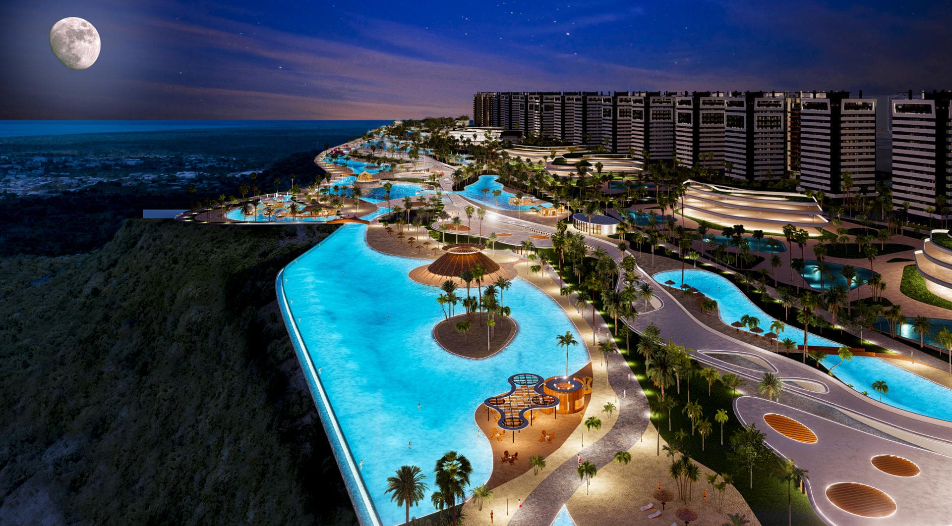 Larimar City — vista aérea nocturna con luna y piscinas