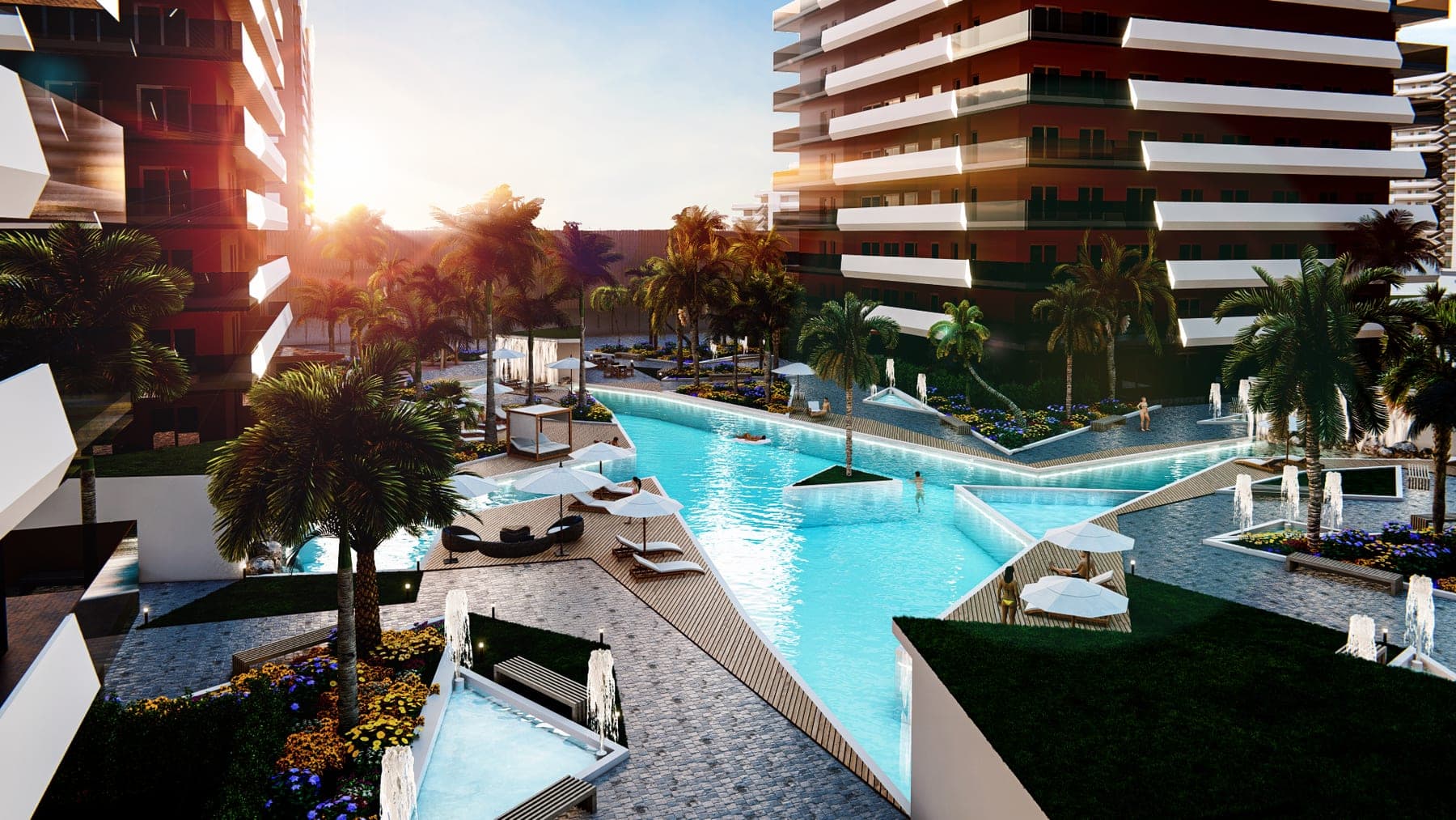 Paradise Towers — render al atardecer
